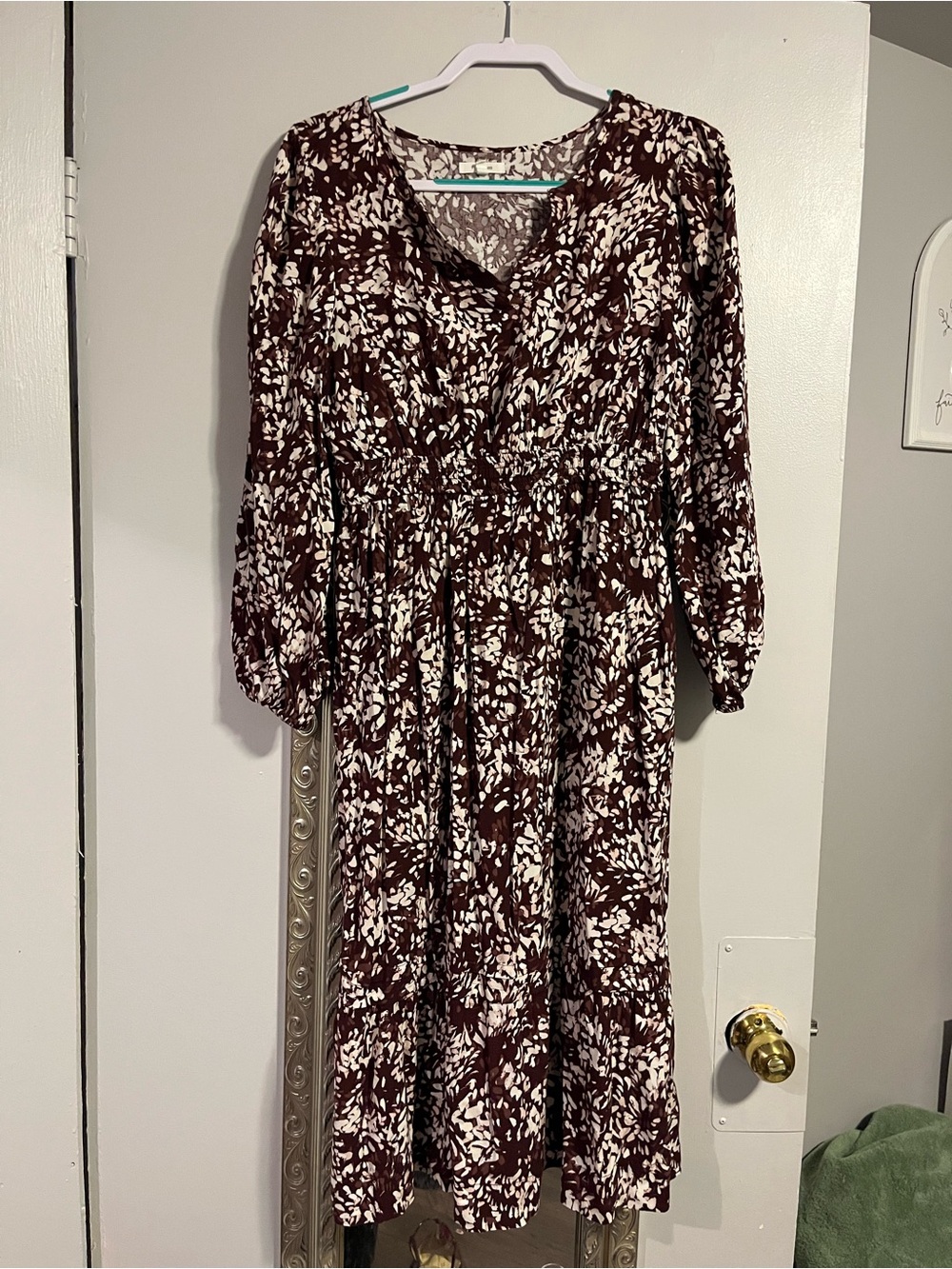 Maurices Burgundy and White Printed V-Neck Midi Dress